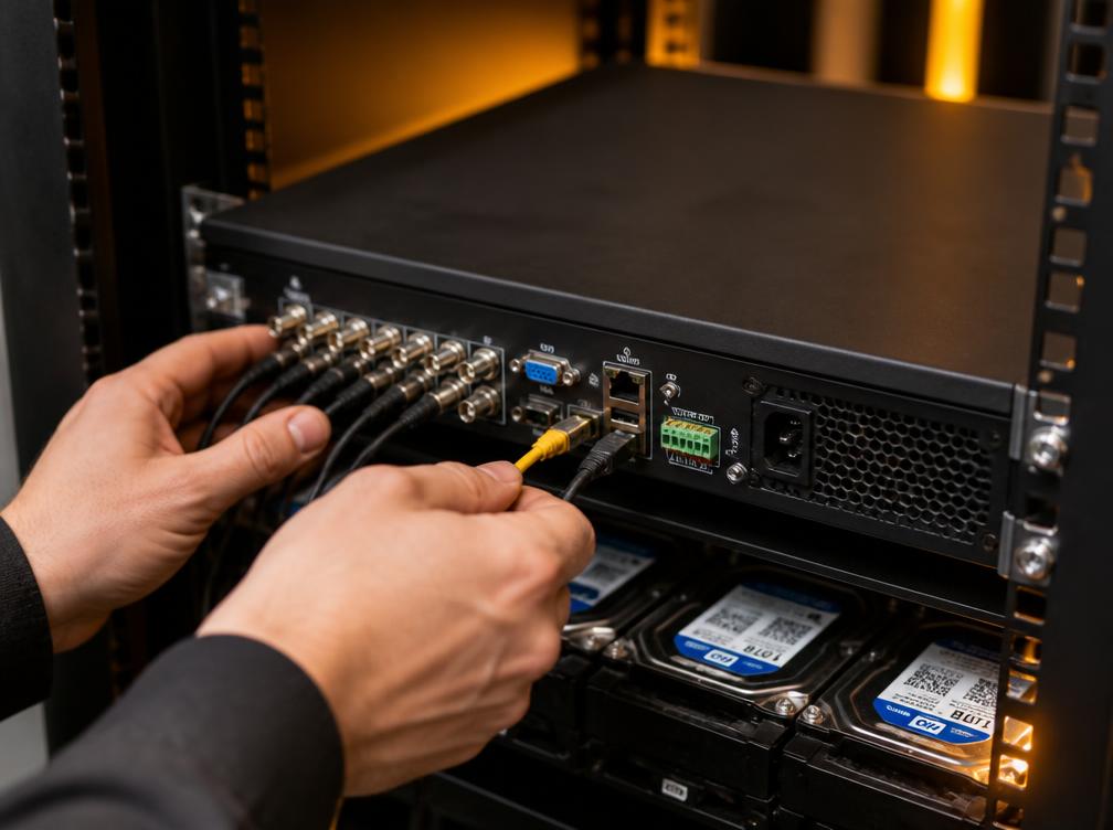 Technician connecting cables to a DVR recorder with hard drives