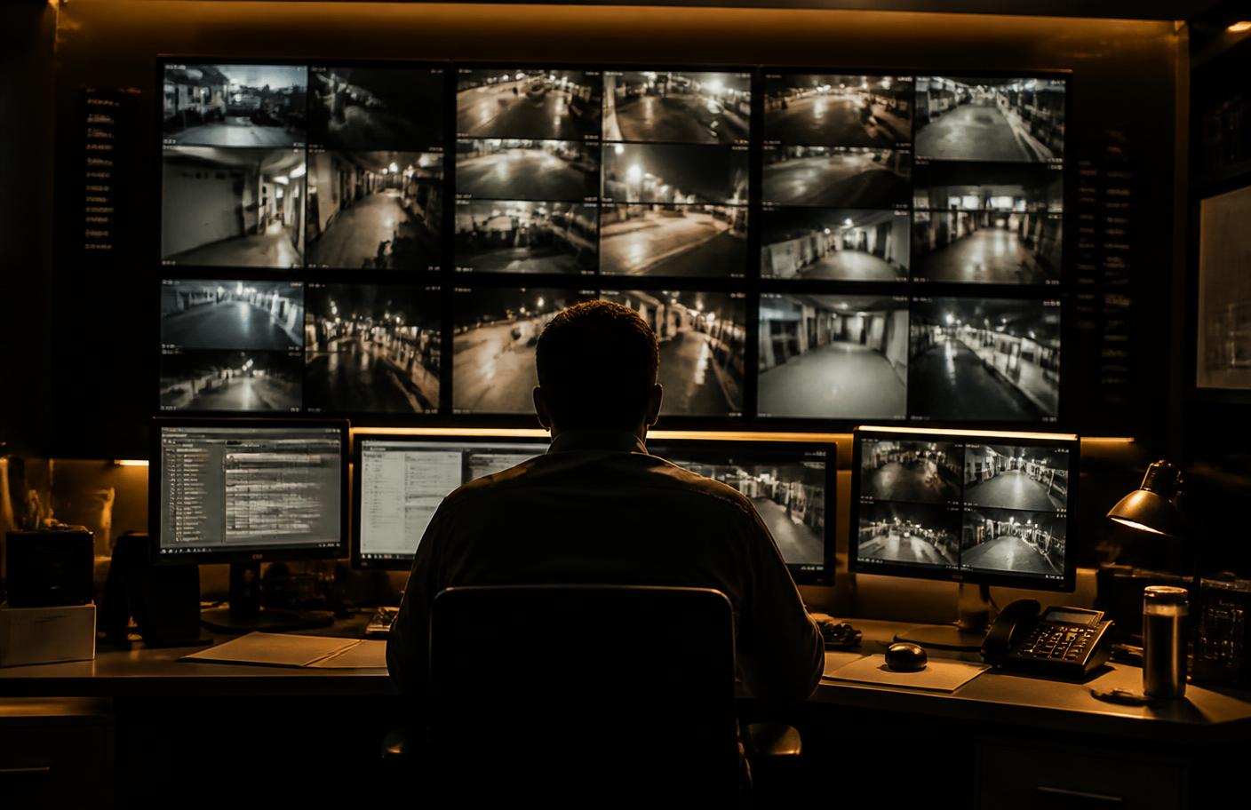 CCTV monitoring room with multiple surveillance screens