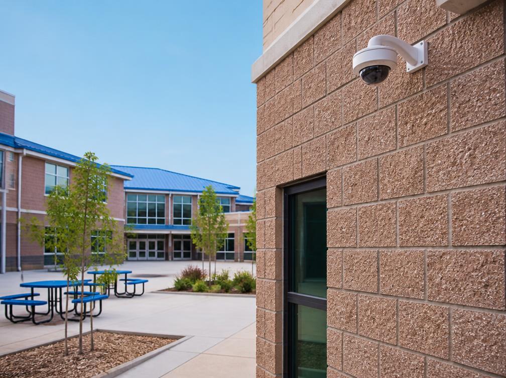 CCTV camera on the exterior wall of a school building