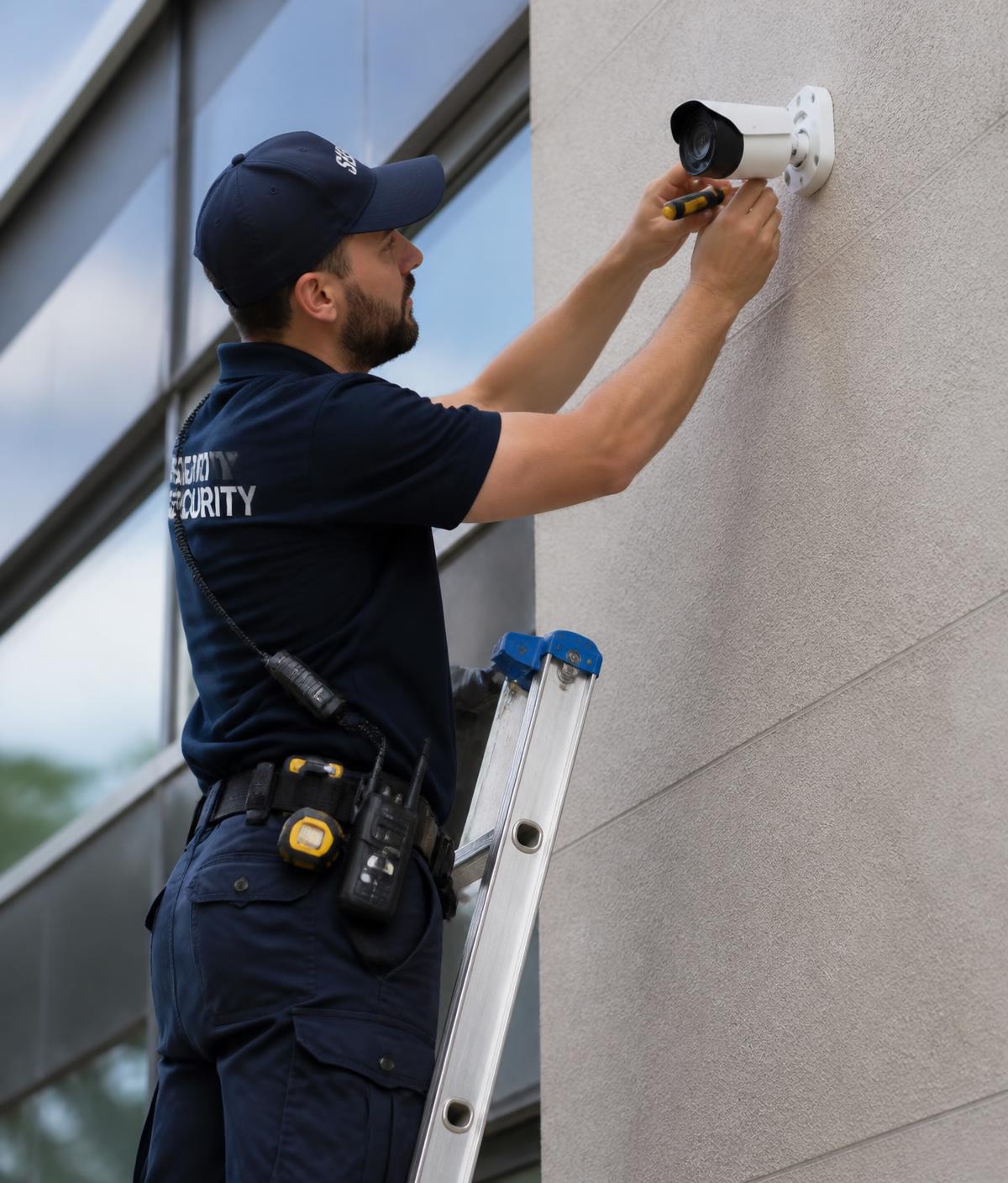 Golden Resoures technician installing a CCTV camera on a building wall in Karachi